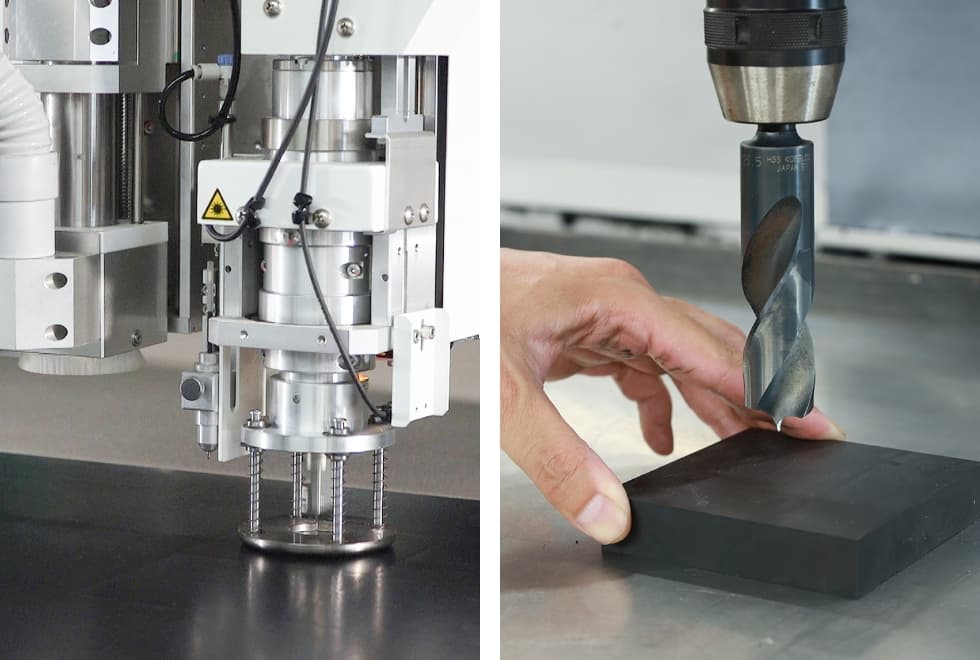 ゴムシートのオプション加工。両面テープ貼り、面取り、穴あけなどを行う加工工程の写真。