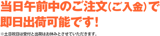 当日午前中のご注文（ご入金）で即日出荷可能です！※土日祝日は受付と出荷はお休みとさせていただきます。